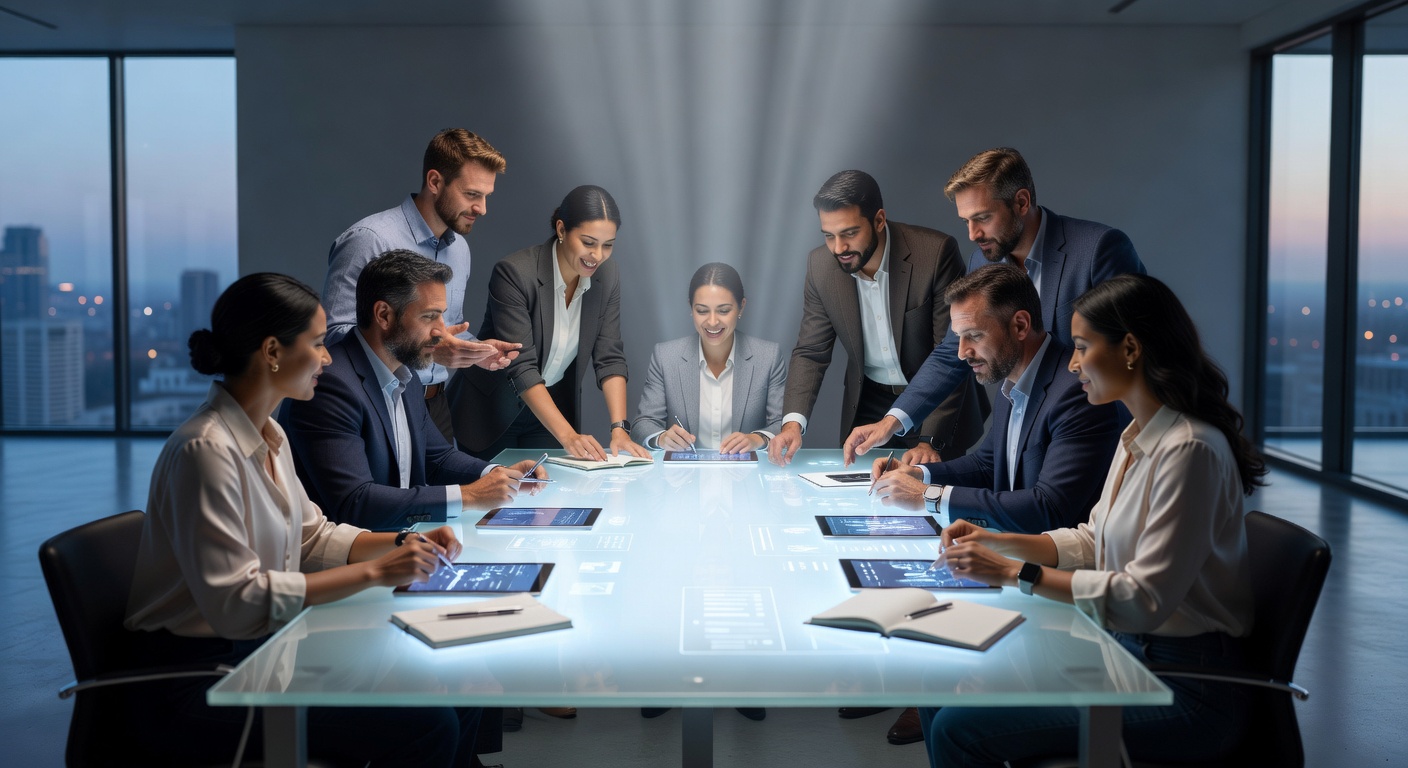 People brainstorming around a bright glowing table