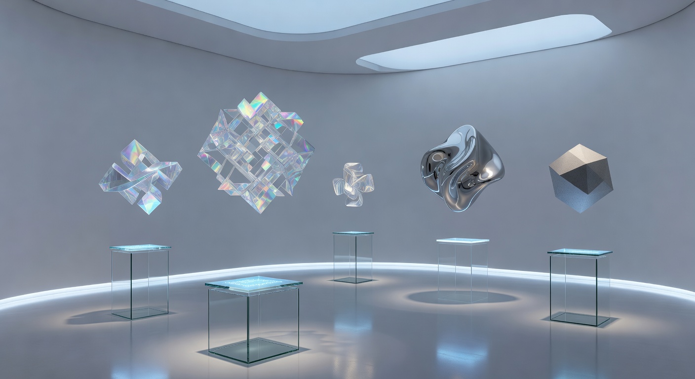 Virtual art gallery exhibit showing 3D models