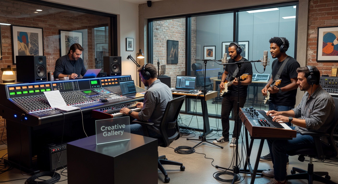 Music squad producing a track in a studio environment